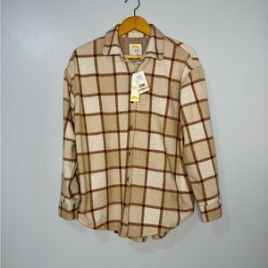 NEW C&C California Beige and Brown Thick Flannel Plaid Shacket | S